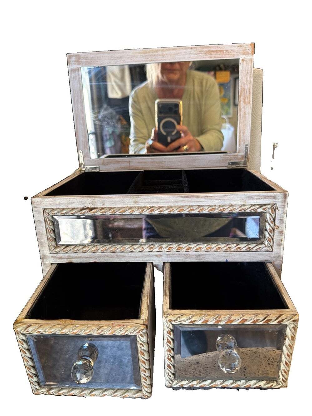 VNTG Mirrored Glass Jewelry Box Black Velvet Lined Hotel Collection Shabby Chic